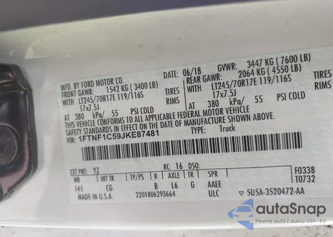 2018 Ford F-150 Xl из США, поврежденный, VIN 1FTNF1C59JKE87481